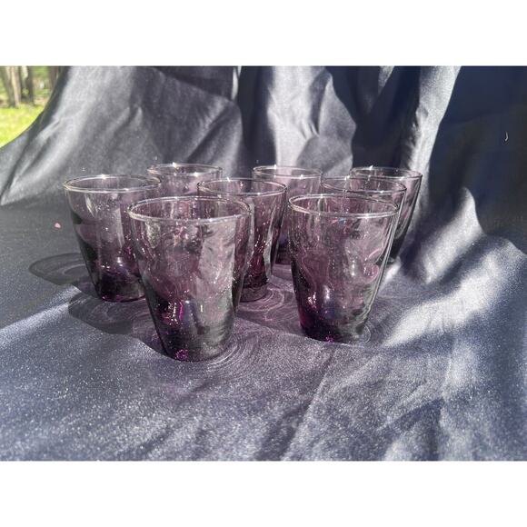 Vintage Amethyst MCM Glass Set Of 8-Libbey Tumblers Purple  Vintage Amethyst Glass Set Of 8-Libbey Tumblers Hand Blown Wavy Glass.